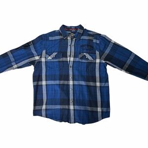 Harley Davidson Plaid Flannel Shirt Mens Large Blue Genuine Motor clothe